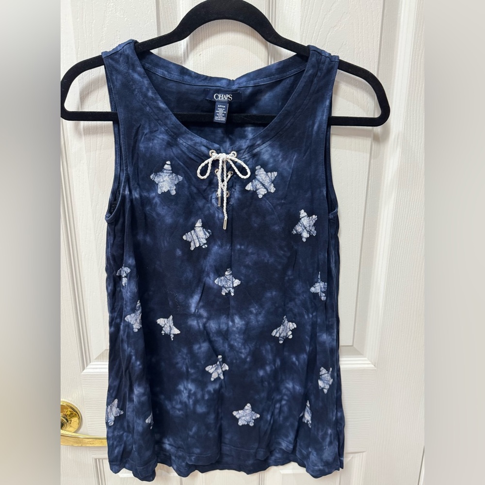 Chaps Dark Blue Tie-Dye Tank Top with White Accents